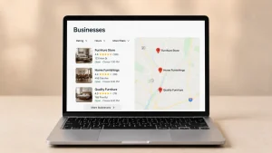 Local SEO search results displayed on a laptop for a furniture store